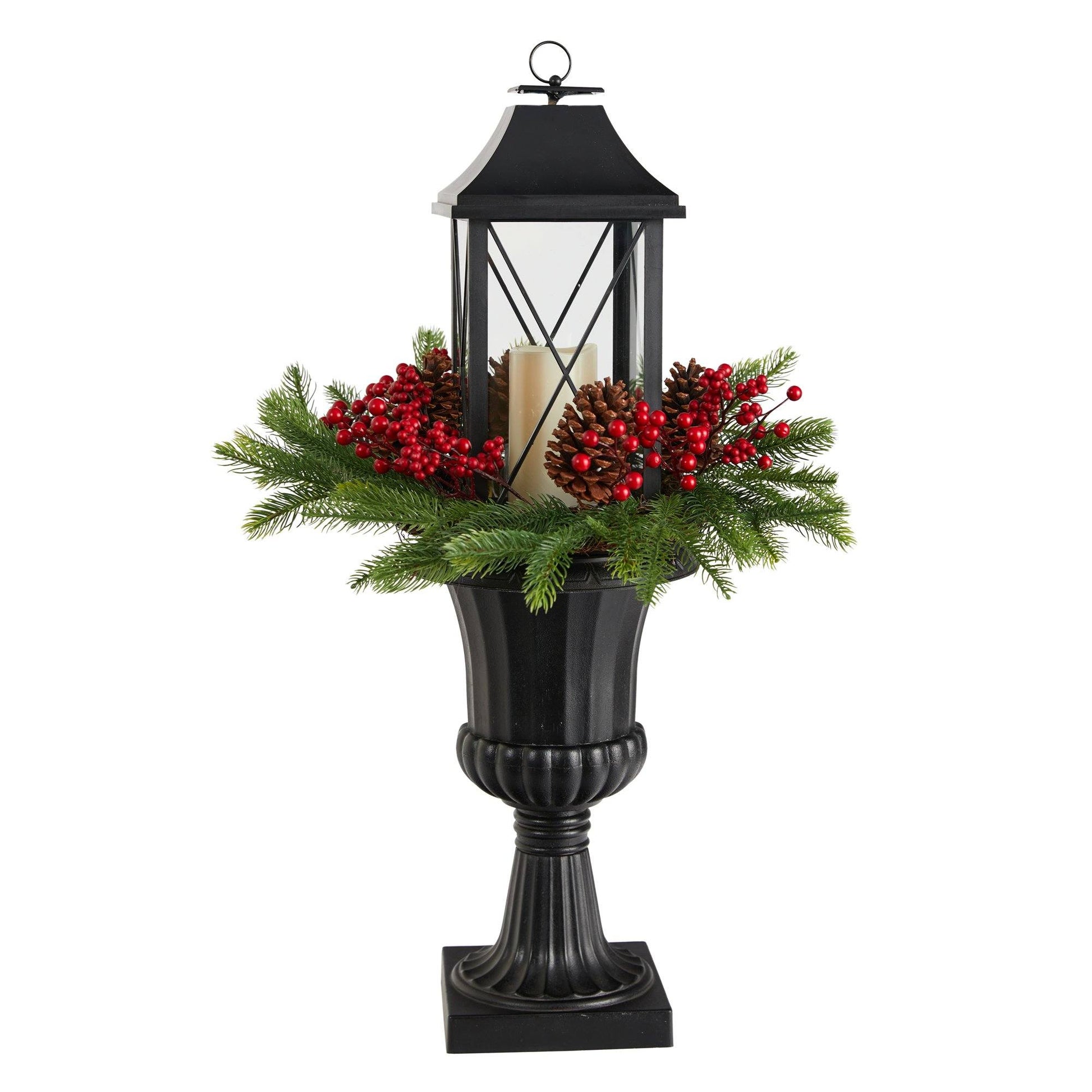 Nearly Natural 33” Holiday greenery lantern urn with berries, pinecones and evergreen on Tampa Home & Garden Store