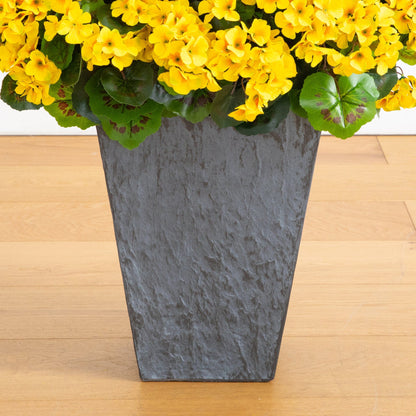33in UV-resistant artificial geranium plant in a slate ceramic planter with bright yellow blooms on Tampa Home & Garden Store