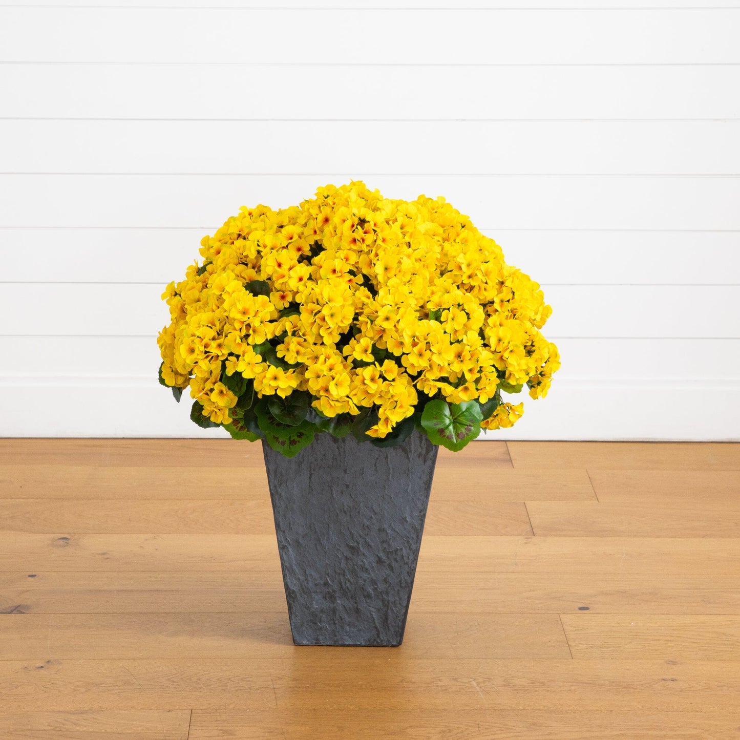 33in UV-Resistant artificial geranium plant in slate ceramic planter yellow blooms on Tampa Home & Garden Store