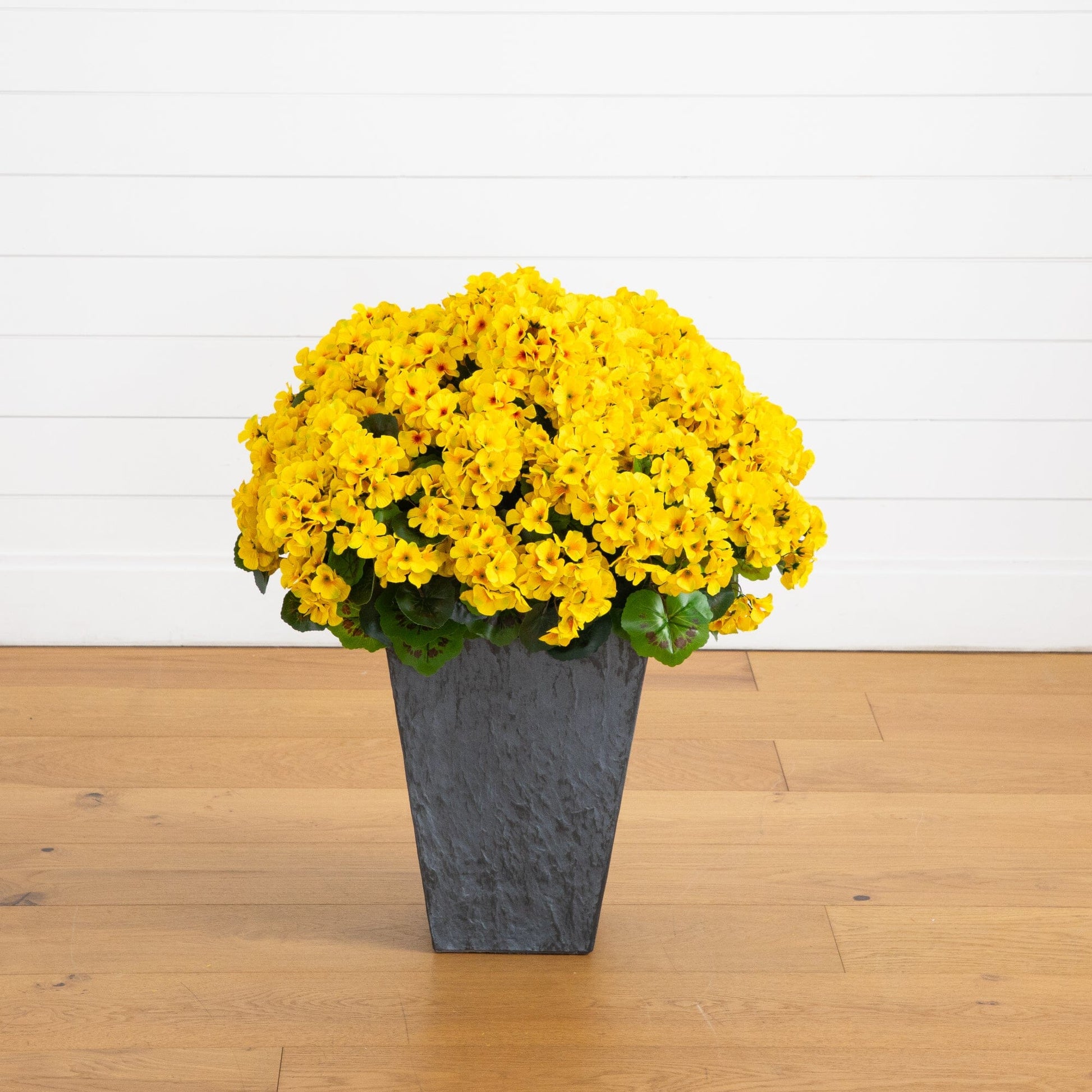 33in UV-Resistant artificial geranium plant in slate ceramic planter yellow blooms on Tampa Home & Garden Store