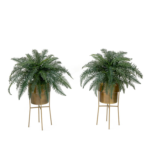 Plant in Planter set of 2 Nearly Natural 34in artificial river ferns in gold metal planters on Tampa Home & Garden Store