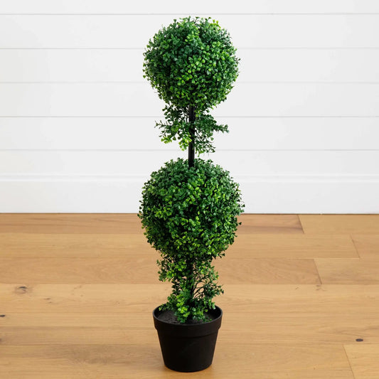 Boxwood double-ball topiary artificial tree Nearly Natural, indoor/outdoor in black pot on Tampa Home & Garden Store