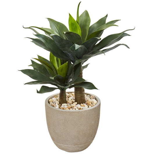 34in Double Agave Succulent Artificial Plant in Sand Stone Planter by Nearly Natural, foliage on Tampa Home & Garden Store