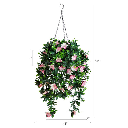 Nearly Natural 34in UV-Res Azalea Hanging Basket with pink blooms and green leaves on Tampa Home & Garden Store