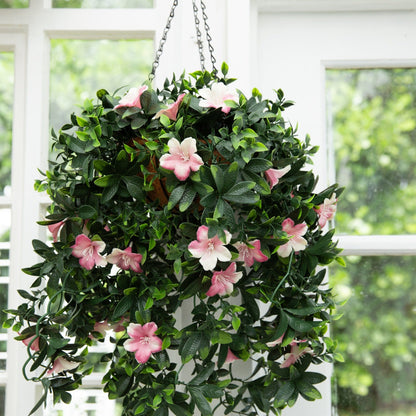 Artificial azalea hanging basket 34in UV-resistant with pink blooms and dark green leaves on Tampa Home & Garden Store