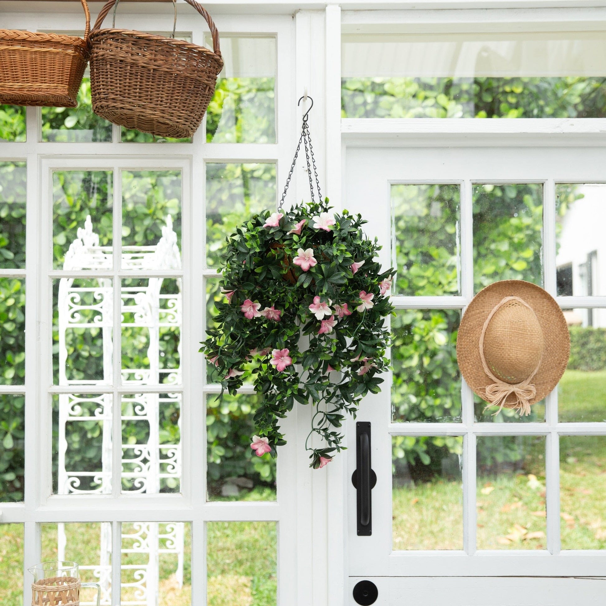 34in UV resistant artificial azalea hanging basket indoor/outdoor by Nearly Natural with pink blooms on Tampa Home & Garden Store
