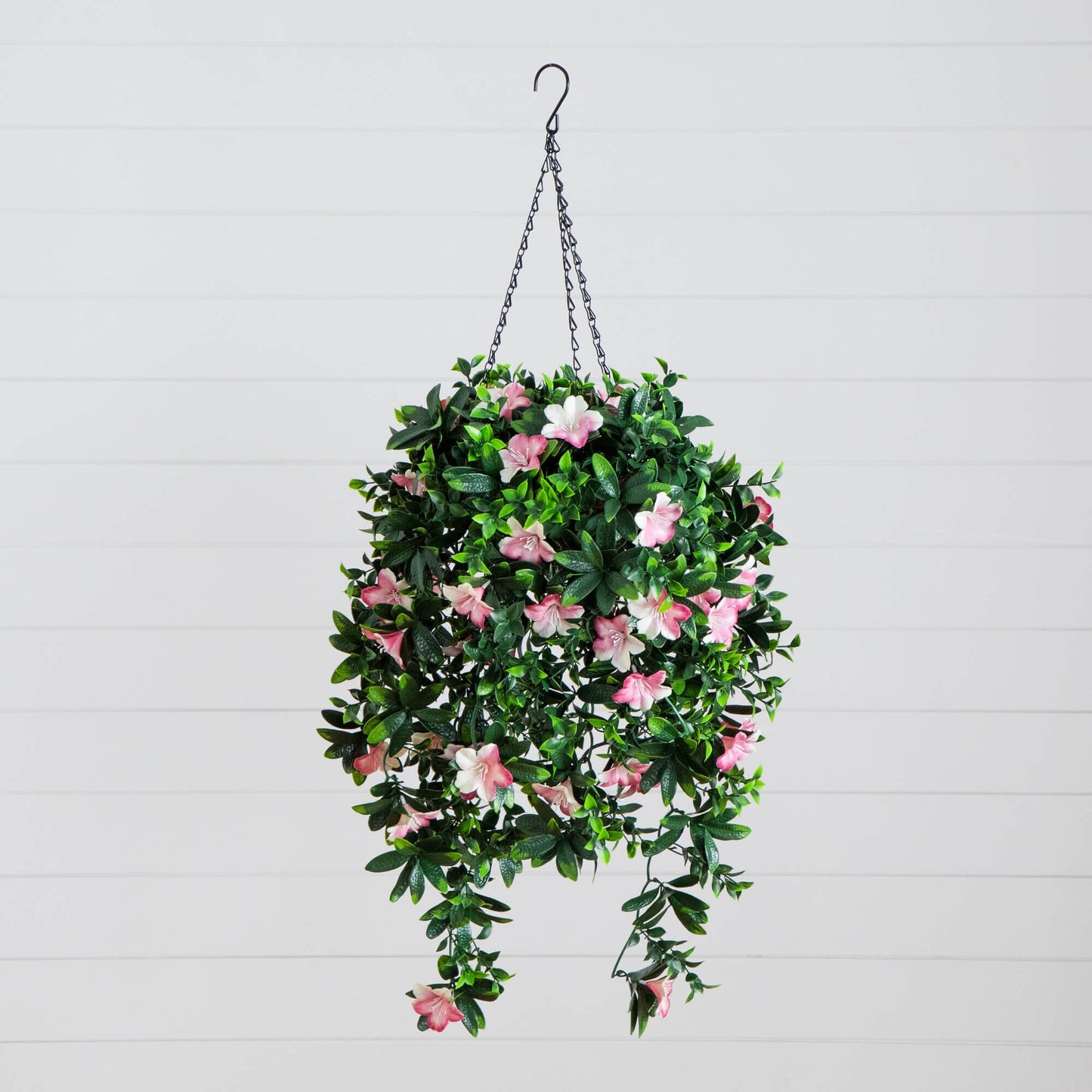 Nearly Natural 34in UV-resistant artificial azalea hanging basket with pink and white blooms on Tampa Home & Garden Store