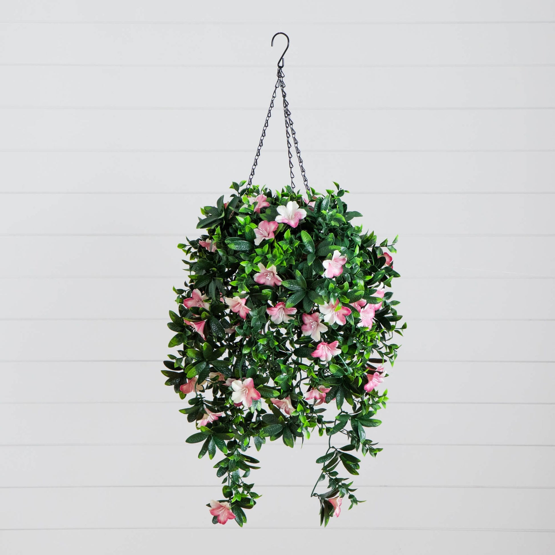 Nearly Natural 34in UV-resistant artificial azalea hanging basket with pink and white blooms on Tampa Home & Garden Store