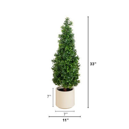 Artificial boxwood topiary cone, 34in UV-resistant in decorative white planter by Nearly Natural on Tampa Home & Garden Store