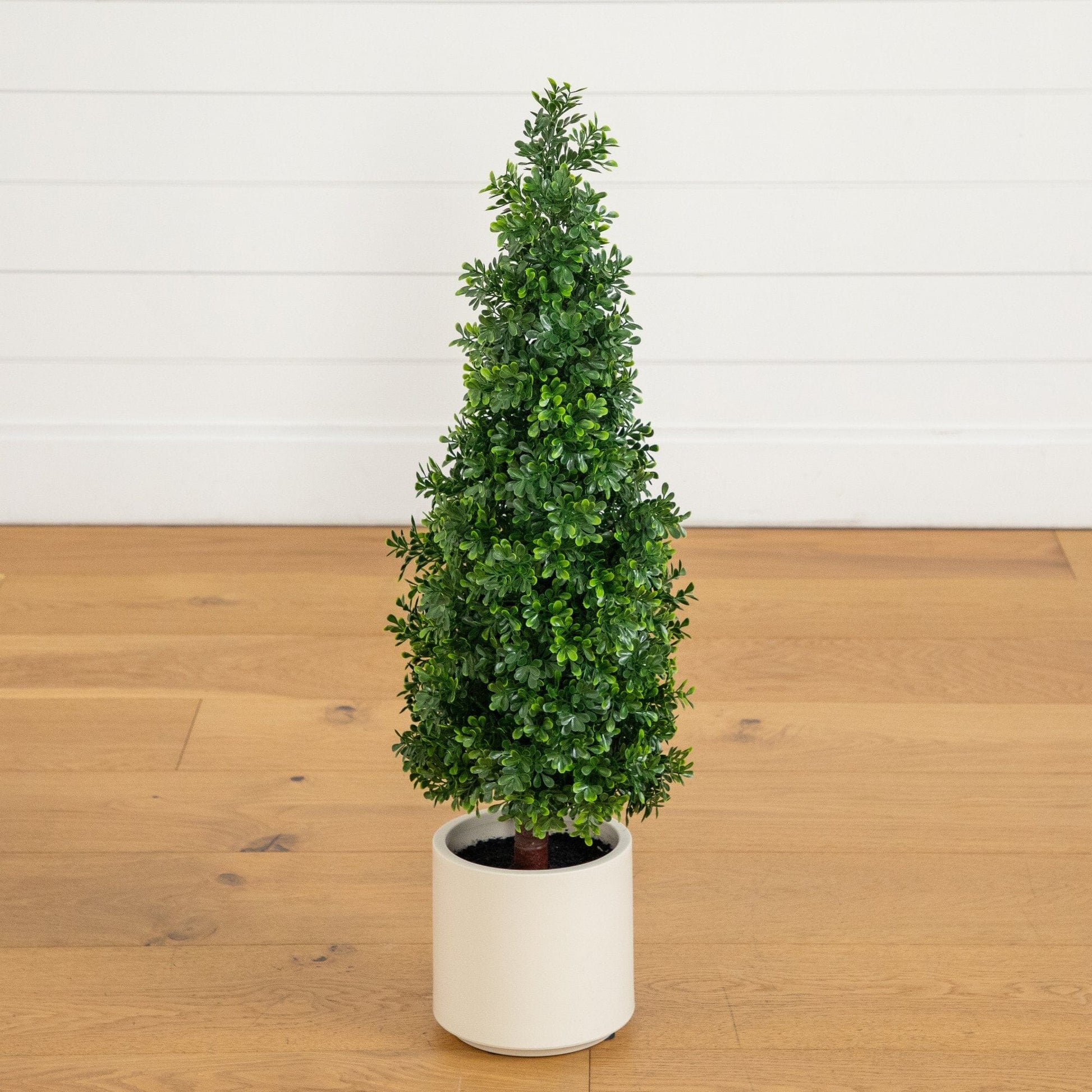 Artificial boxwood topiary cone tree in white planter, 34in, UV resistant on Tampa Home & Garden Store