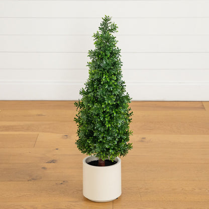 Artificial boxwood topiary cone tree in white planter, 34in, UV resistant on Tampa Home & Garden Store