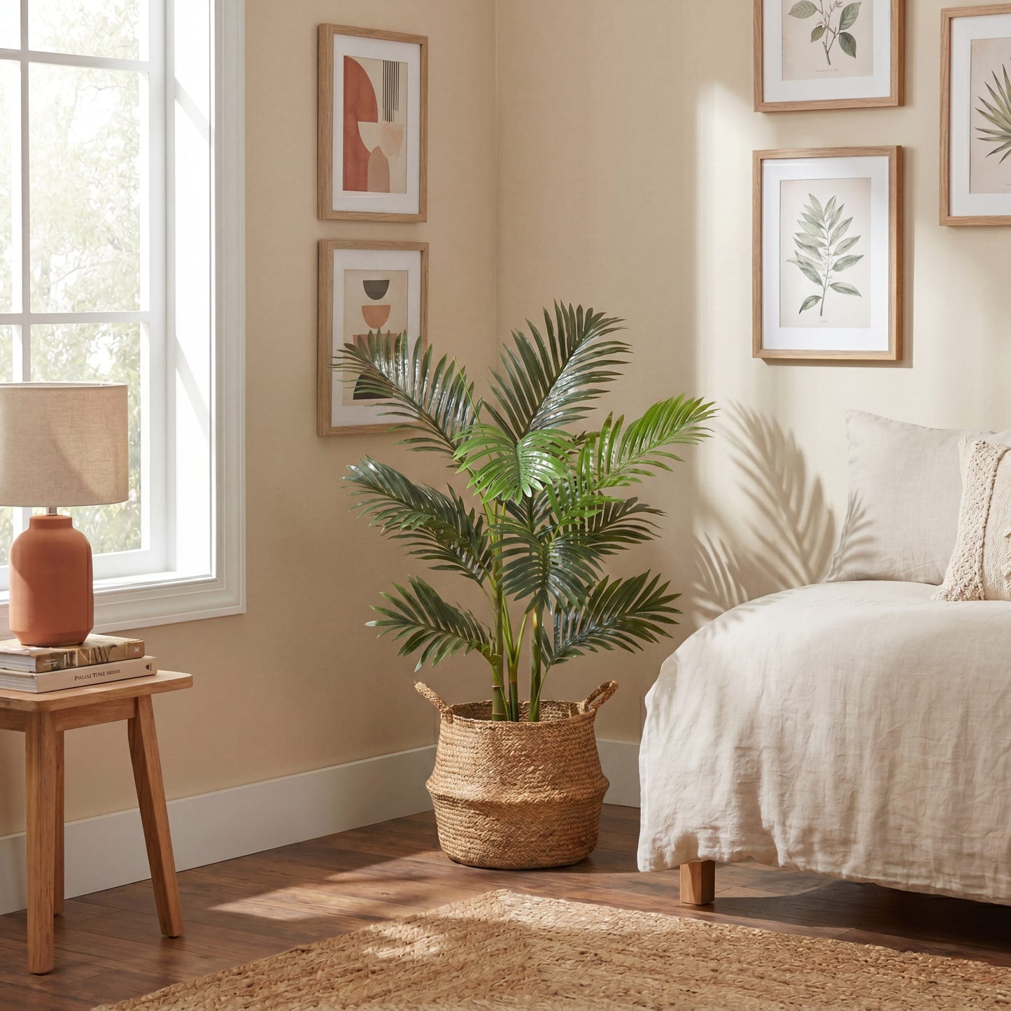 3.5' Artificial Areca Palm Tree by Nearly Natural in a woven basket with green fronds indoors on Tampa Home & Garden Store