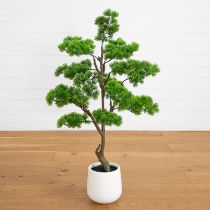 3.5' artificial bonsai cedar tree in white decorative planter with green foliage Nearly Natural on Tampa Home & Garden Store