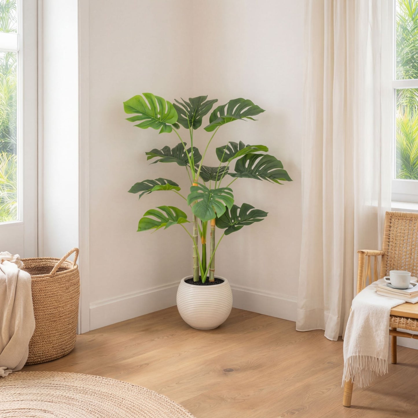 3.5' artificial Monstera tree in a white ribbed round planter with lush green leaves on Tampa Home & Garden Store
