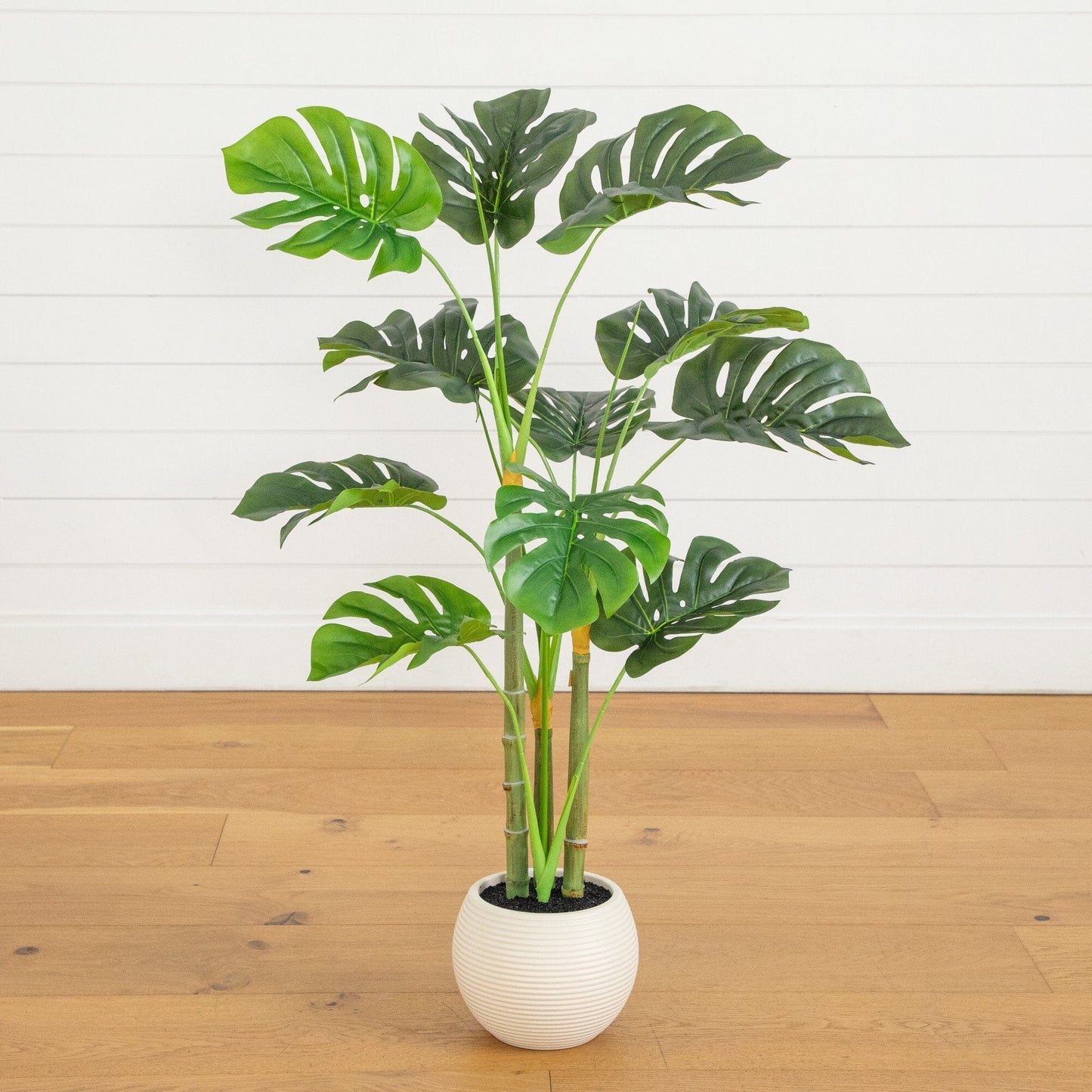 3.5' Monstera tree in white round planter with multi-stem green leaves, Nearly Natural on Tampa Home & Garden Store