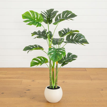 3.5' Monstera tree in white round planter with multi-stem green leaves, Nearly Natural on Tampa Home & Garden Store