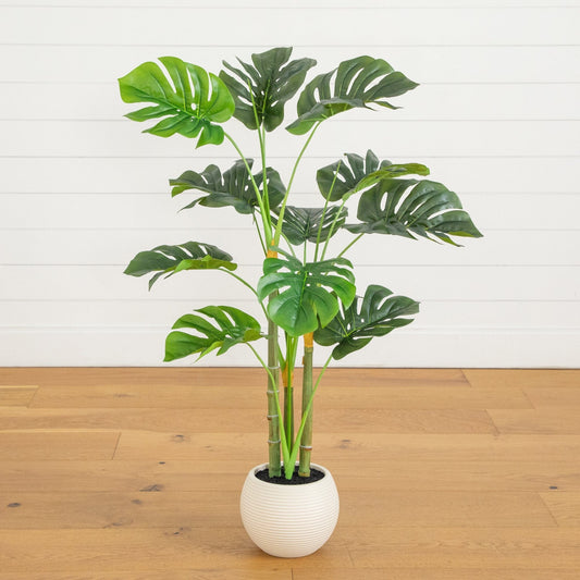 3.5' Monstera tree in white round planter with multi-stem green leaves, Nearly Natural on Tampa Home & Garden Store