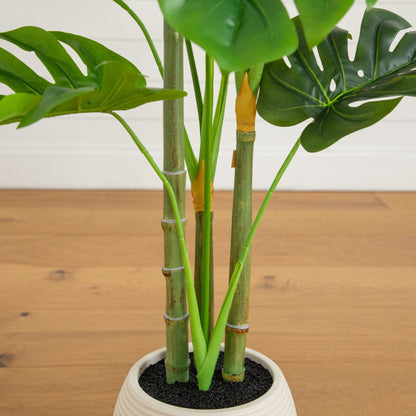 3.5' artificial monstera tree in a white planter, Nearly Natural, green leaves and bamboo stems on Tampa Home & Garden Store