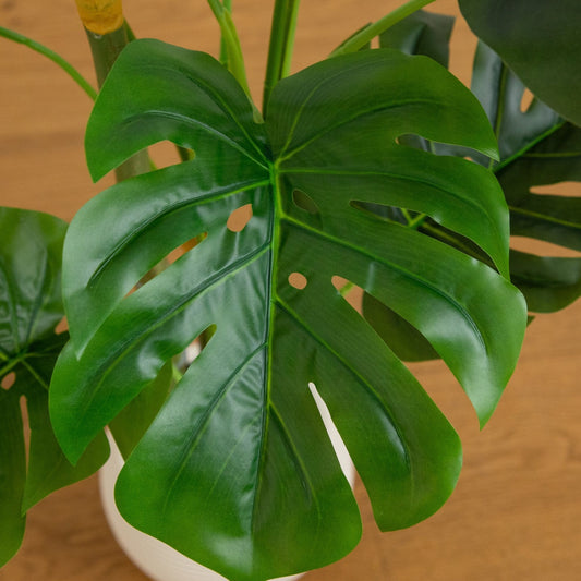 Monstera tree in white round planter, Nearly Natural artificial plant with glossy green leaves on Tampa Home & Garden Store