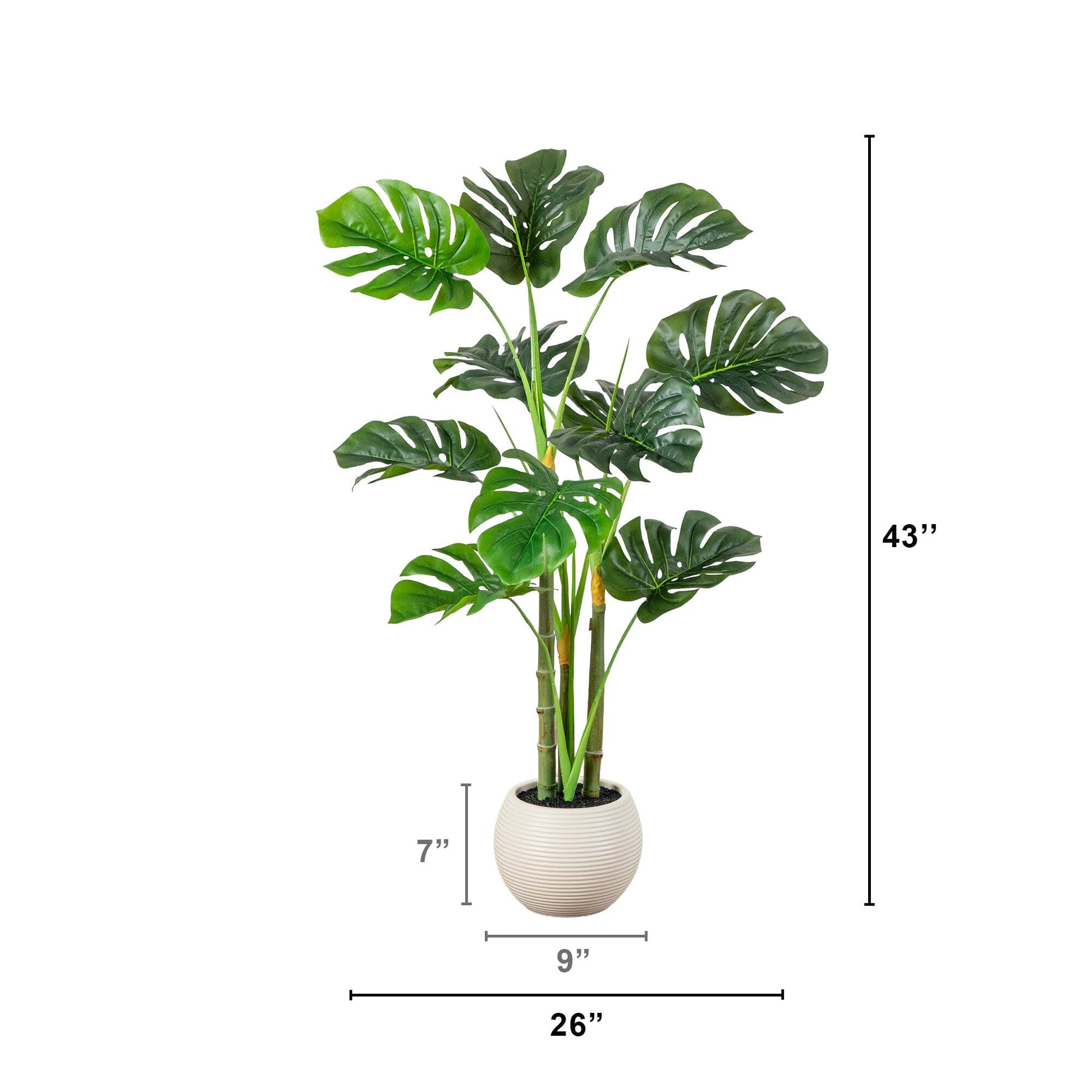 3.5ft artificial monstera tree in a white round ribbed planter with lush green leaves on Tampa Home & Garden Store