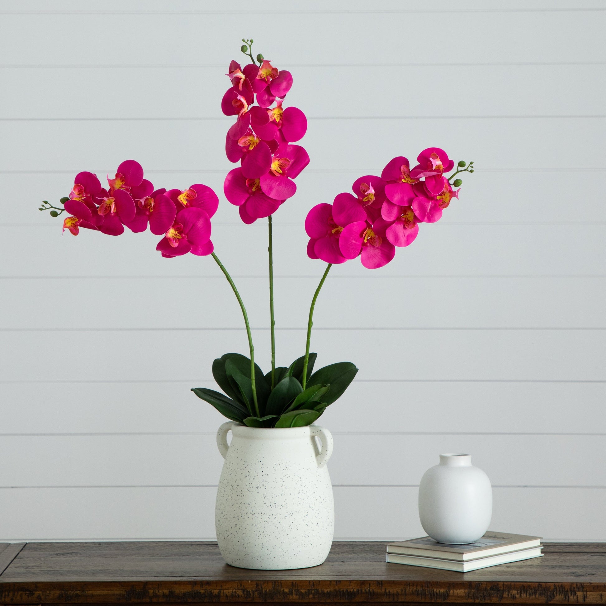 Nearly Natural 35-inch artificial orchid stems set of 3, magenta blooms in a speckled white vase on Tampa Home & Garden Store