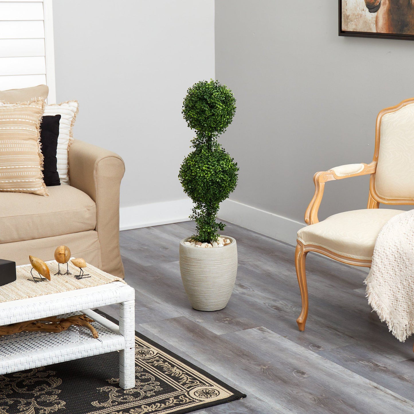 Árbol topiario artificial de boj de doble bola de 100 cm en maceta color arena (para interior y exterior)