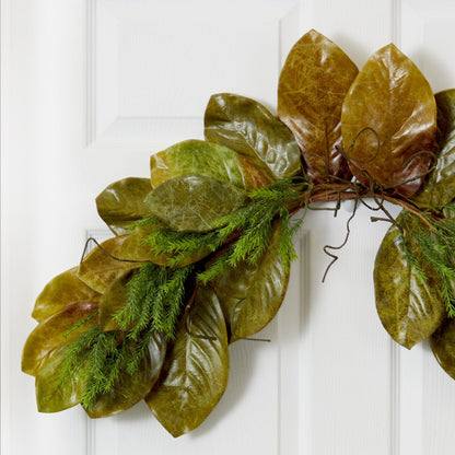 35” Fall Magnolia Leaf Artificial Swag copper-brown leaves with green accents on Tampa Home & Garden Store