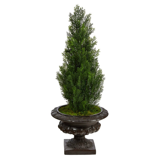 3.5’ Mini Cedar Artificial Pine Tree in Iron Colored Urn UV Resistant (Indoor/Outdoor)