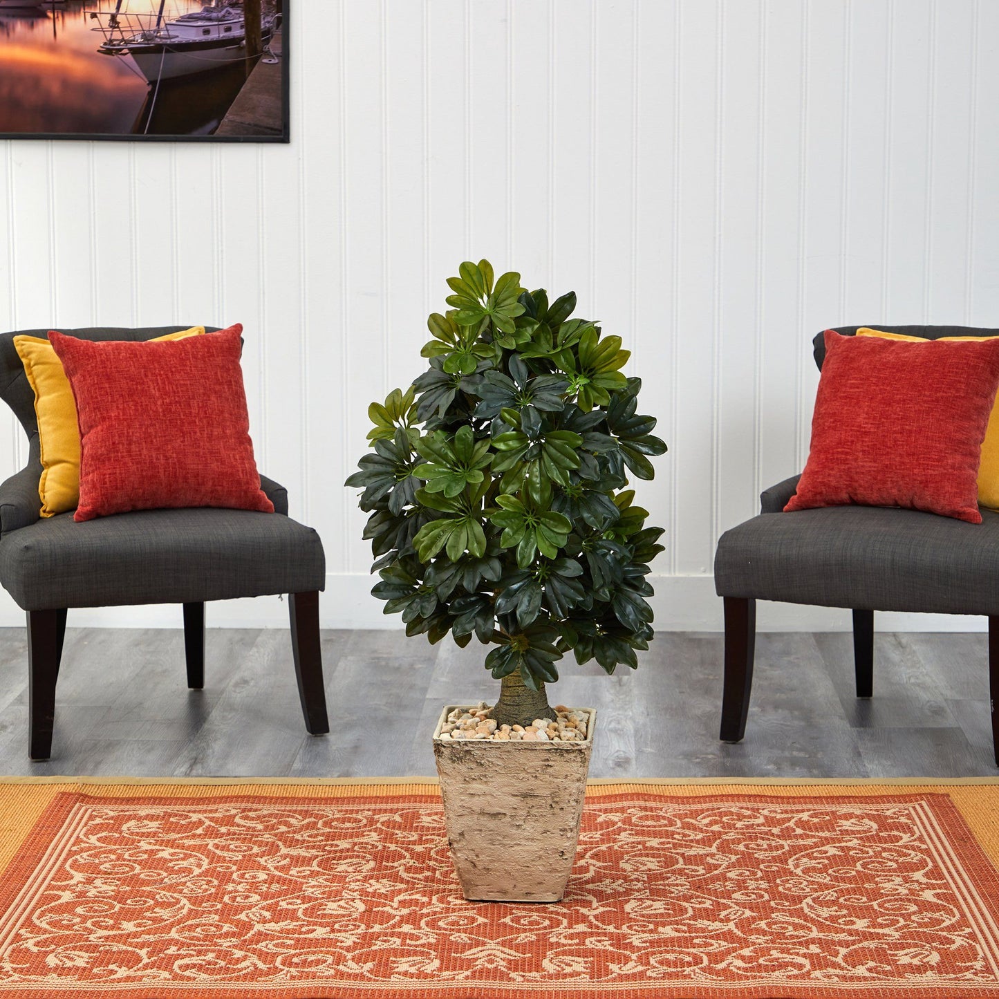 Árbol artificial Schefflera de 100 cm en maceta blanca rústica (tacto real)