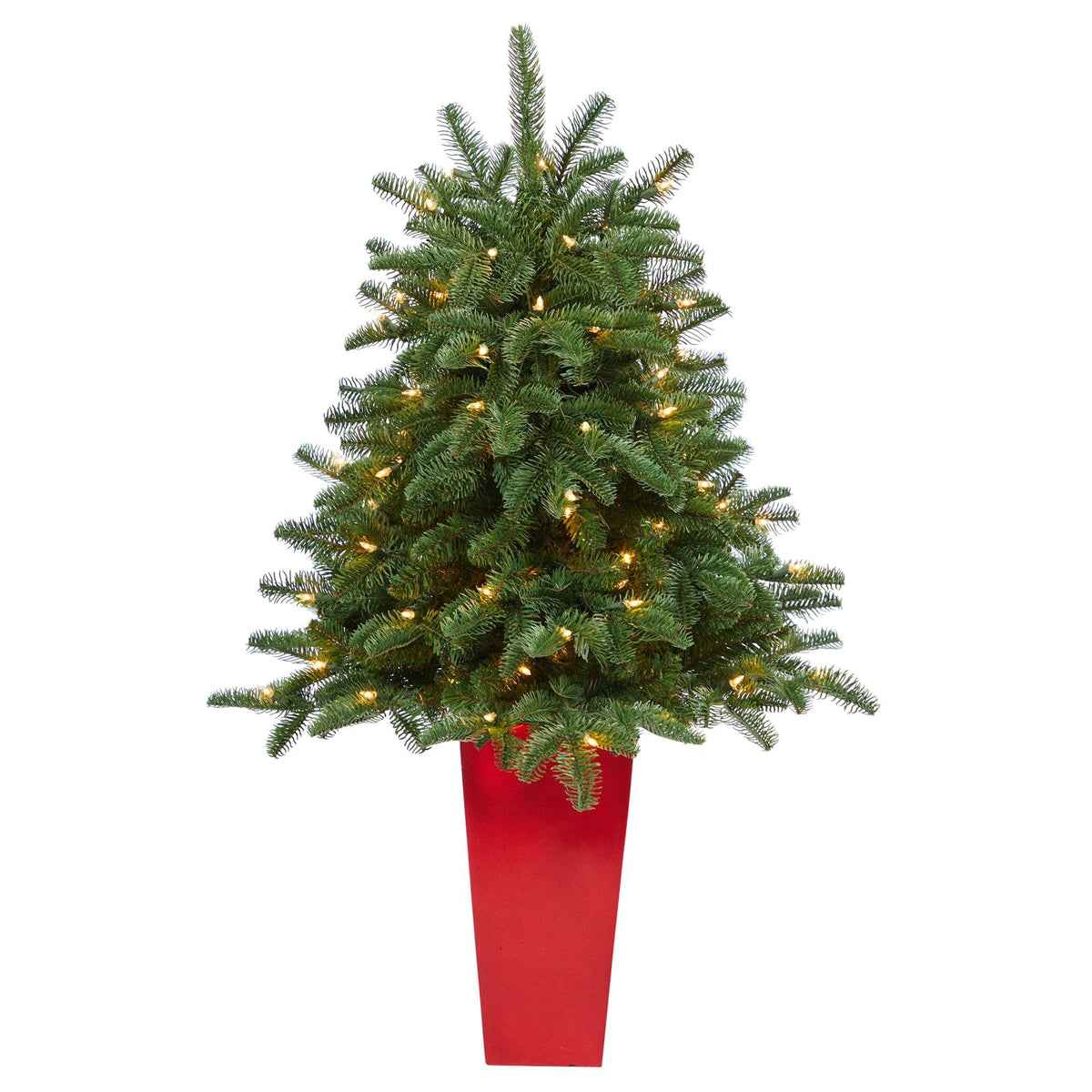 3.5’ Spruce Christmas tree with 458 bendable branches and 100 warm lights in red planter on Tampa Home & Garden Store
