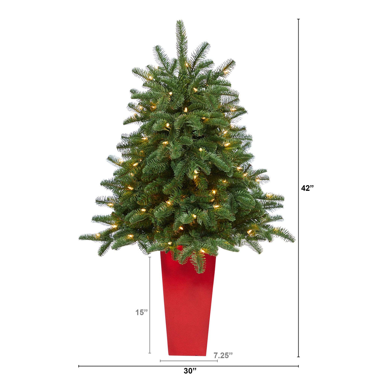 3.5 ft South Carolina Spruce artificial Christmas tree in red planter with lights on Tampa Home & Garden Store