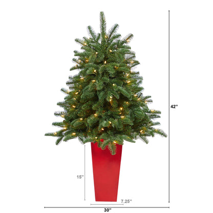3.5 ft South Carolina Spruce artificial Christmas tree in red planter with lights on Tampa Home & Garden Store