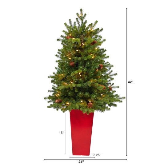 Nearly Natural 3.5 ft Yukon Fir Christmas Tree in red planter with 50 clear lights and pinecones on Tampa Home & Garden Store