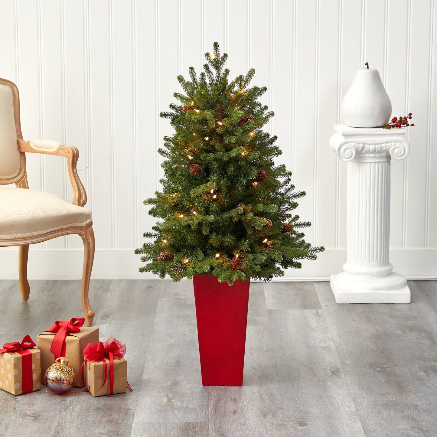 3.5 ft Yukon Mountain Fir artificial Christmas tree with 50 clear lights in red planter on Tampa Home & Garden Store