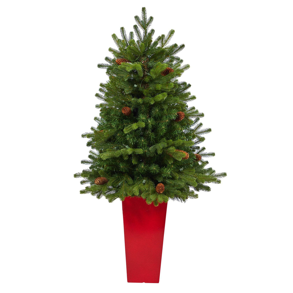 3.5' Yukon Mountain Fir artificial Christmas tree with pine cones in a red planter on Tampa Home & Garden Store