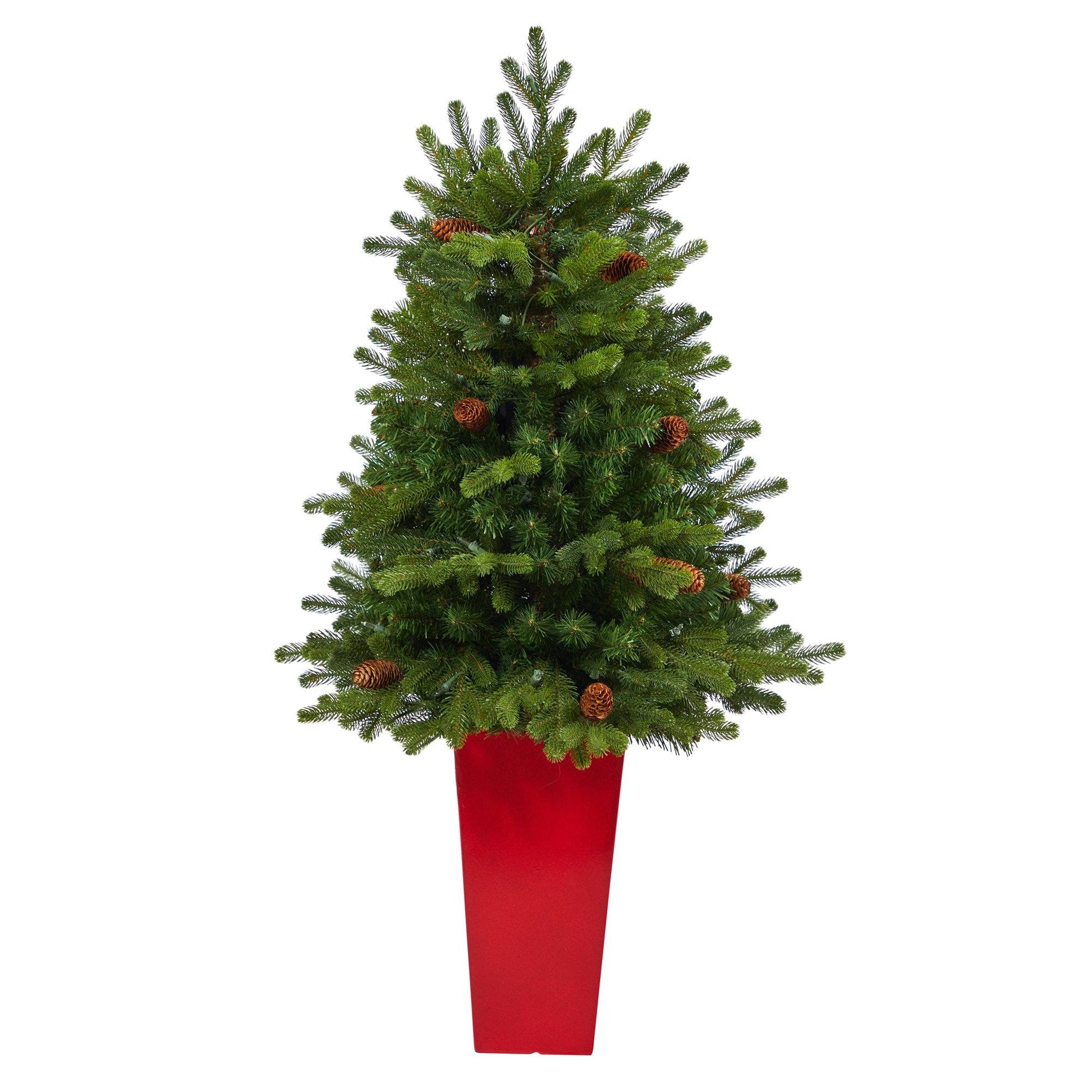 3.5' Yukon Mountain Fir artificial Christmas tree with pine cones in a red planter on Tampa Home & Garden Store
