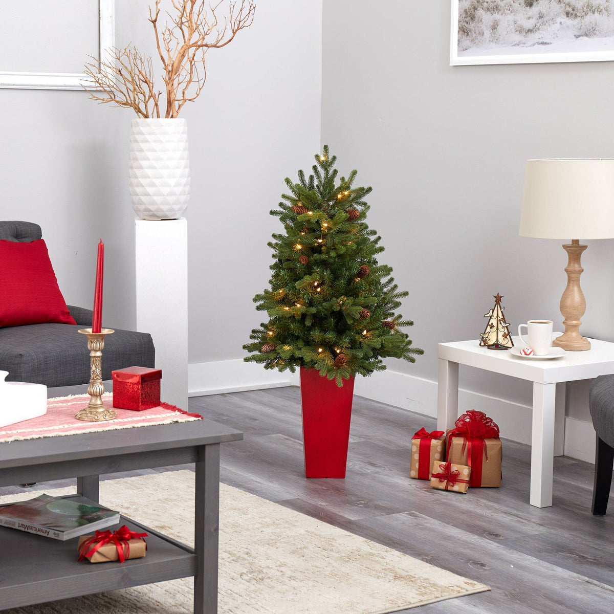 3.5' Yukon Mountain Fir Christmas Tree with 50 lights, pine cones in a red planter on Tampa Home & Garden Store