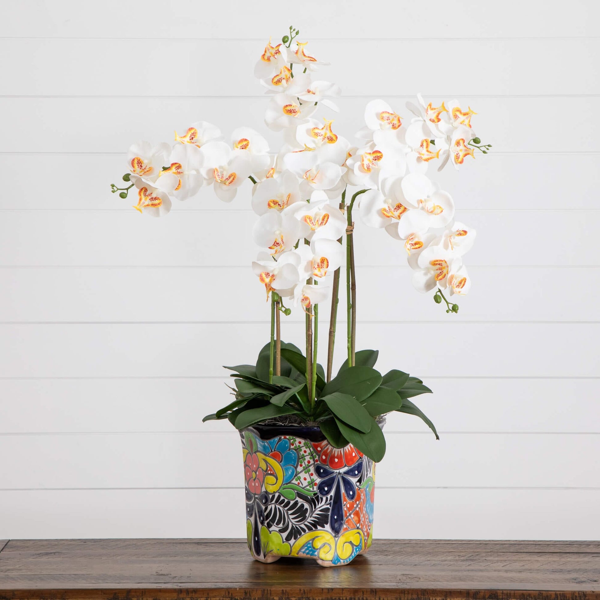 36in artificial orchid arrangement with white blooms in Talavera planter by Nearly Natural on Tampa Home & Garden Store