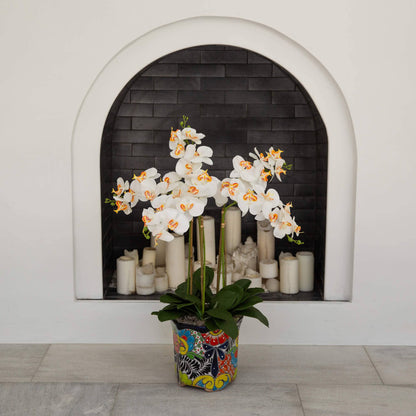 36in orchid arrangement in a Talavera planter by Nearly Natural, orchids with orange centers on Tampa Home & Garden Store