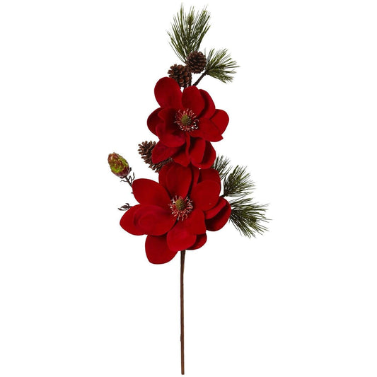 36in magnolia and pine artificial stem set of 2 with red blooms and cones by Nearly Natural on Tampa Home & Garden Store
