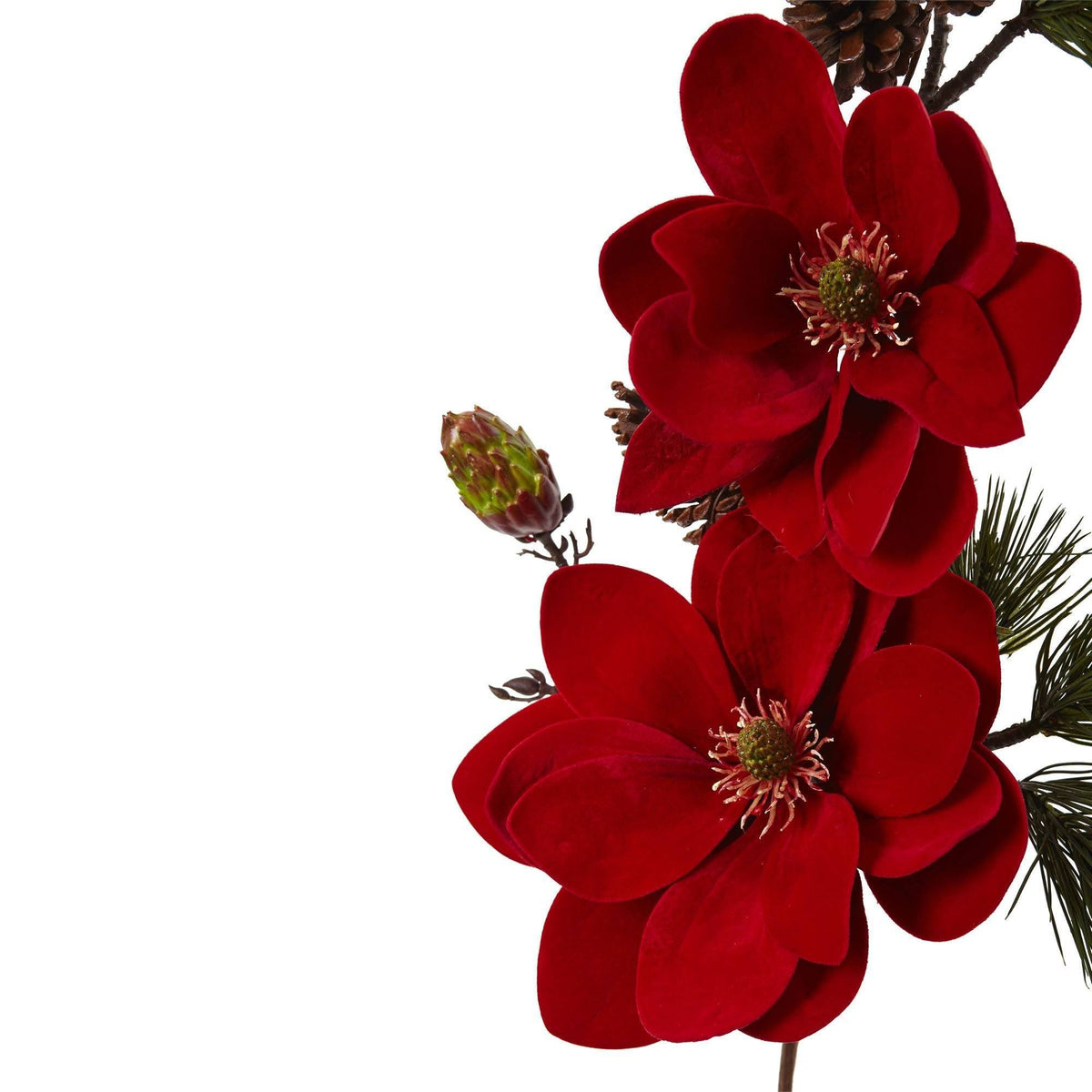 36-inch magnolia and pine flowers set of 2, red magnolia blooms with pine accents on Tampa Home & Garden Store