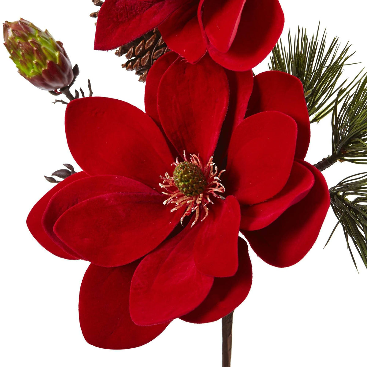 36in Magnolia & Pine artificial flower set of 2 by Nearly Natural red magnolia blooms and pine on Tampa Home & Garden Store