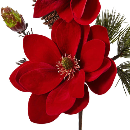 36in Magnolia & Pine artificial flower set of 2 by Nearly Natural red magnolia blooms and pine on Tampa Home & Garden Store