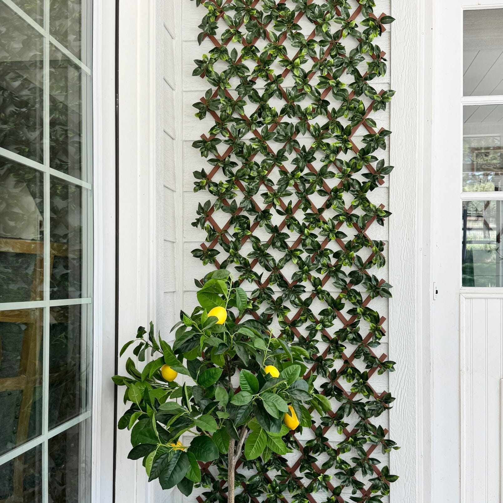 Gardenia privacy fence screen 36x72 UV-resistant artificial vines on brown lattice panel on Tampa Home & Garden Store