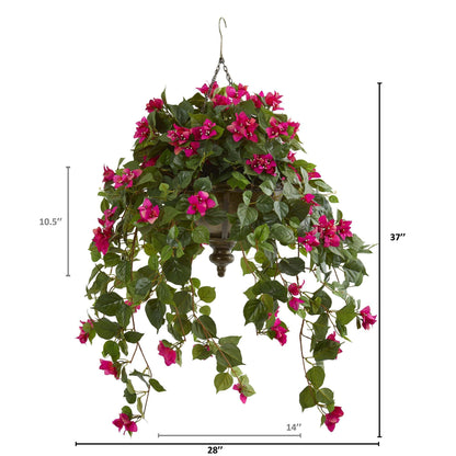 Nearly Natural 37in Bougainvillea artificial hanging plant in metal bowl with pink blooms on Tampa Home & Garden Store