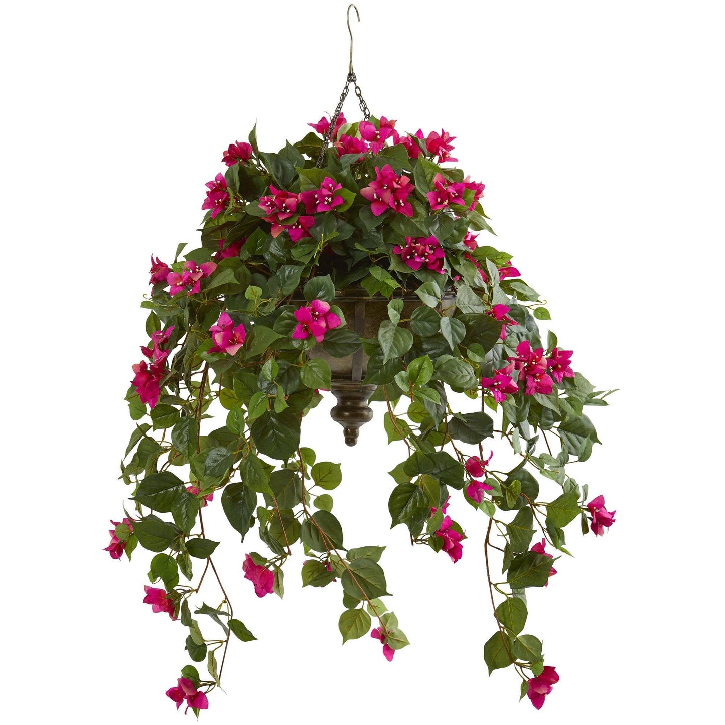 Bougainvillea artificial plant in hanging metal bowl with pink blossoms and green leaves on Tampa Home & Garden Store