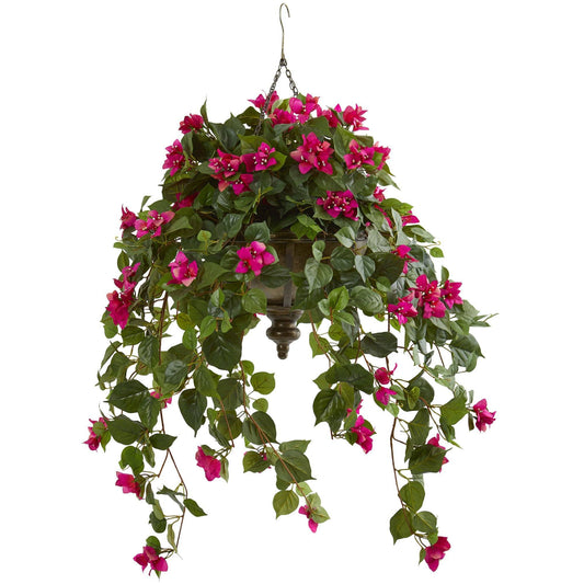 Bougainvillea artificial plant in hanging metal bowl with pink blossoms and green leaves on Tampa Home & Garden Store