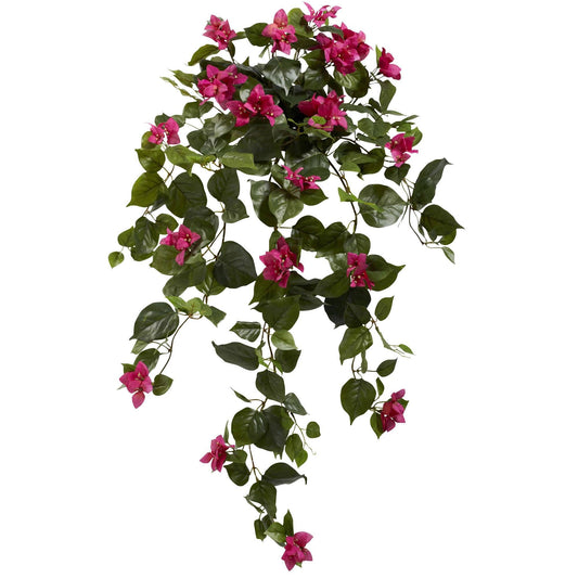 Bougainvillea hanging artificial plant, pink blooms with glossy green leaves, set of 2 on Tampa Home & Garden Store