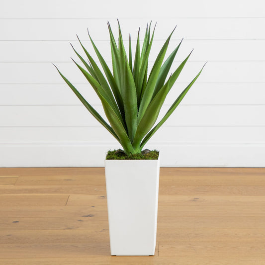 Artificial agave plant in white tower planter, 37in, UV-resistant, Nearly Natural on Tampa Home & Garden Store