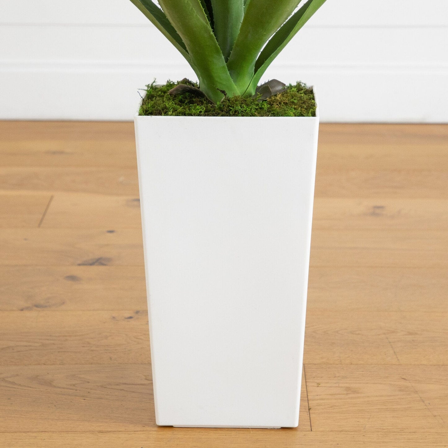 Artificial agave plant in white tower planter with green leaves and moss bed indoor/outdoor on Tampa Home & Garden Store